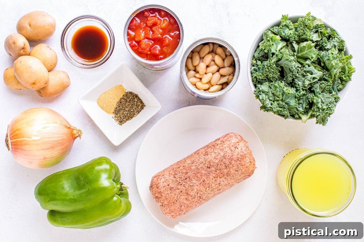 All the fresh ingredients for the Sausage Kale Soup, neatly measured and arranged in small white bowls and plates on a clean white surface, showcasing the vibrant colors and textures.