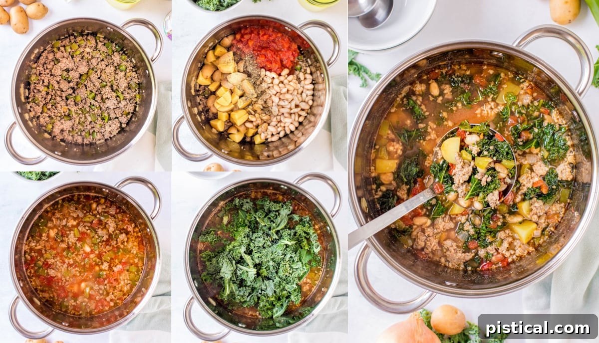 A step-by-step visual collage demonstrating how to make Sausage Kale Soup, showing ingredients being added to a stock pot in sequence.