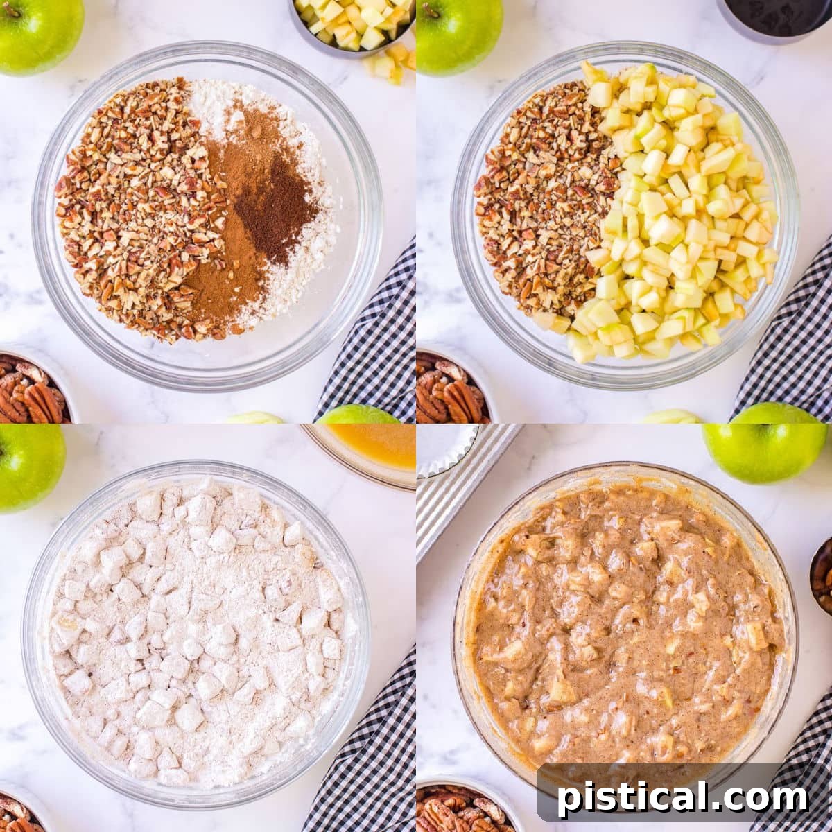 4 image collage of mixing apple muffin recipe batter together in glass bowl