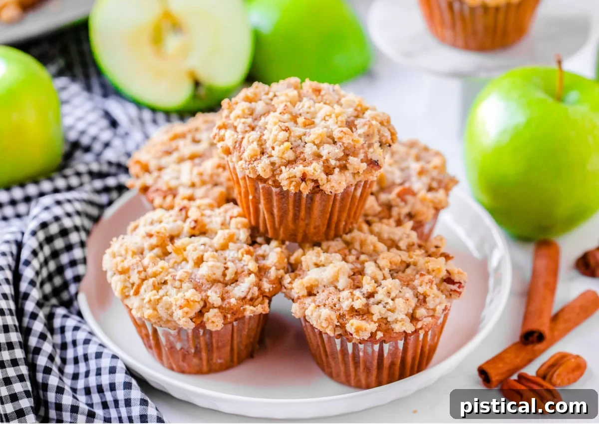 apple muffins stacked on white plate with blue and white napkin beneath the plate apples in the background