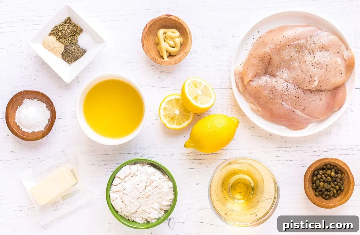 chicken piccata ingredients set out in small bowls and plates on white surface.