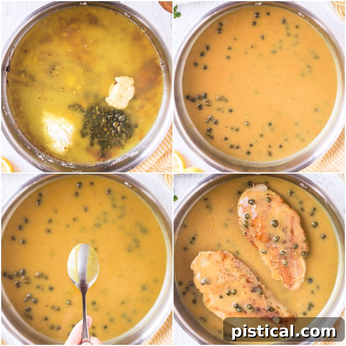 how to make chicken piccata sauce in 4 image collage.