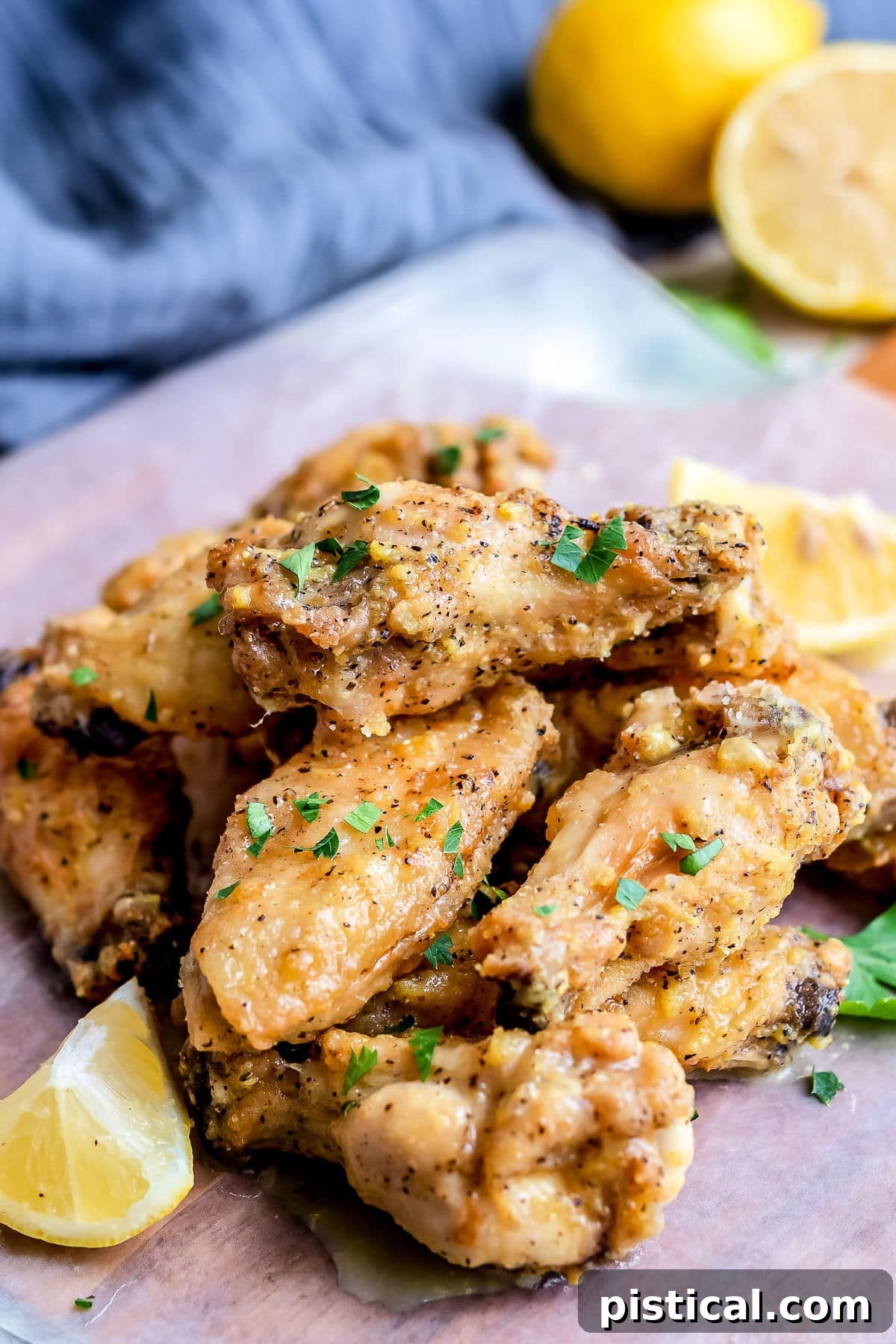lemon pepper wings stacked in a pile with a blue napkin in the back with cut lemons