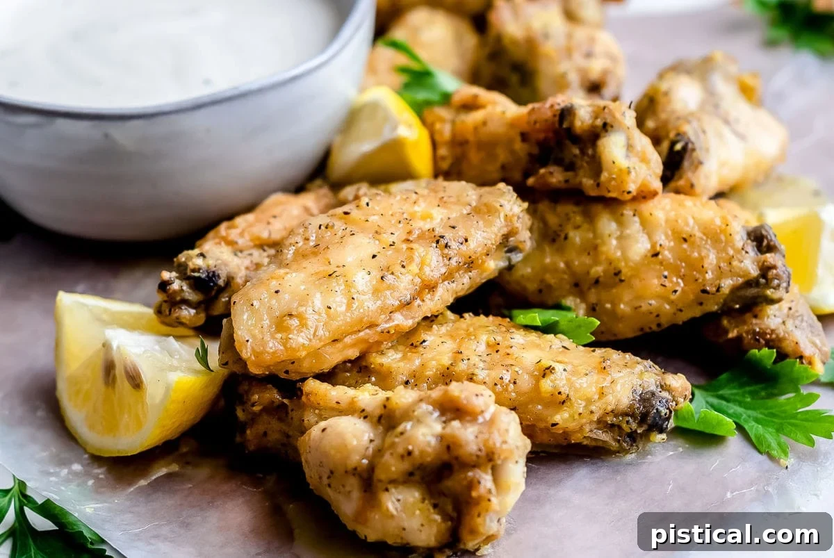 front view of baked chicken wings on gray plate garnished with chopped parsley and small bowl of ranch in background
