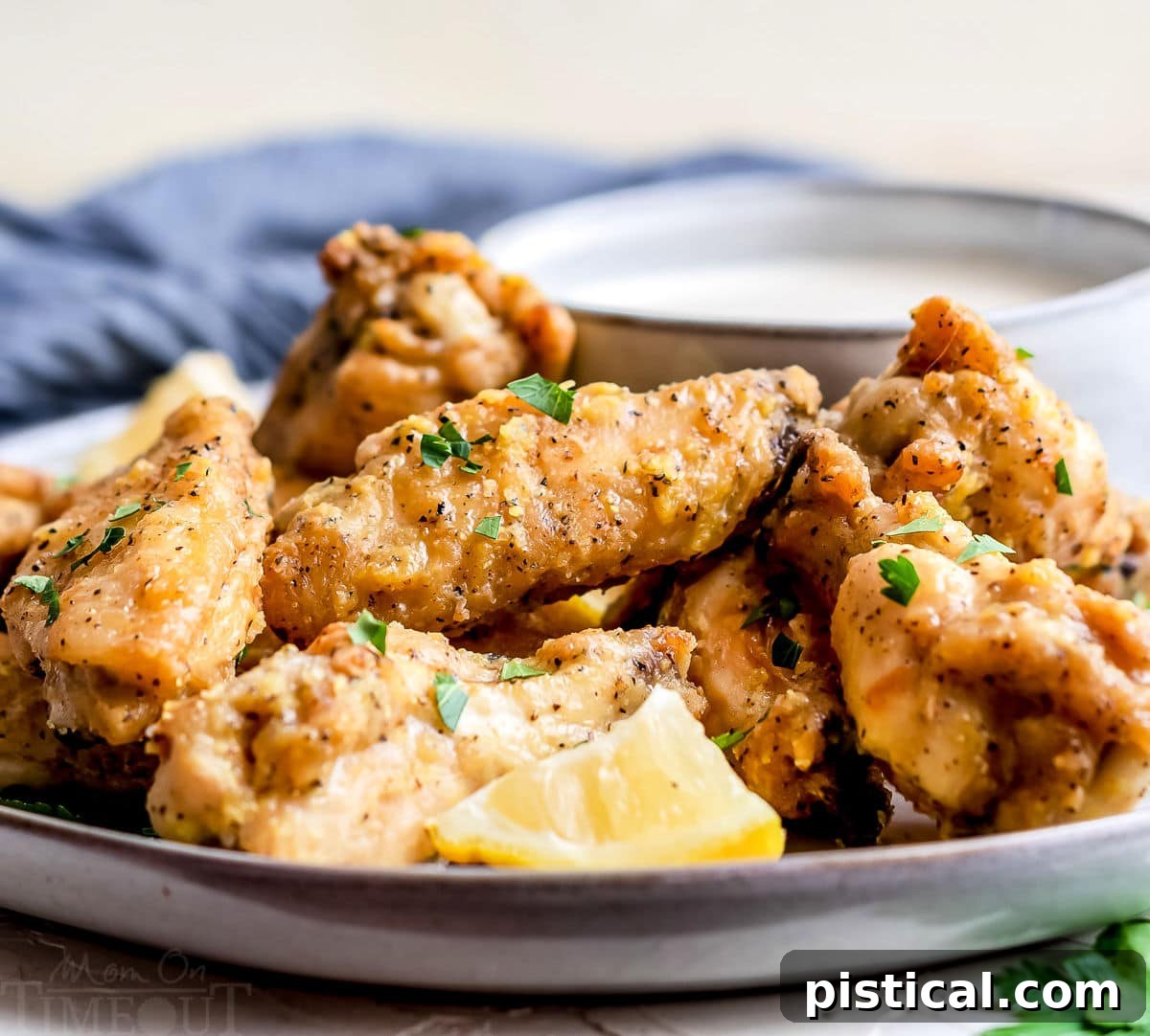 front view of baked chicken wings on plate with lemon wedges and blue napkin in the background