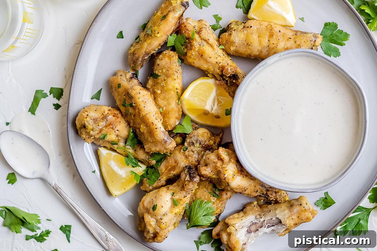 baked wings on plate with dipping sauce