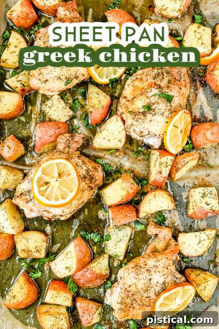 Sheet pan Greek chicken with lemons, potatoes, and fresh parsley, ready to be served, capturing the essence of authentic Greek flavors.