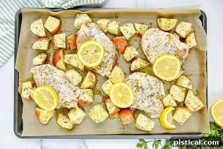 Greek chicken and potatoes arranged on a sheet pan, perfectly marinated and ready for the oven to bake into a golden, delicious meal.