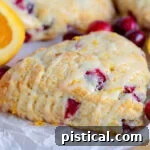 Cranberry orange scone with orange glaze drizzled on top, next to fresh orange zest