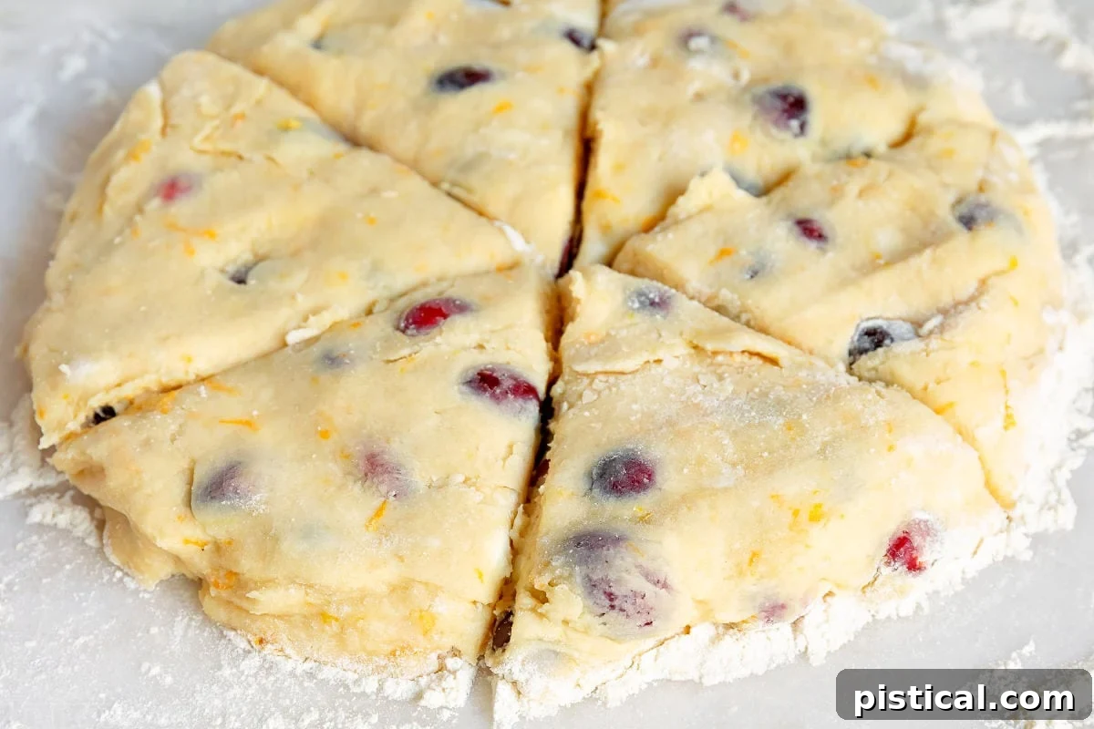 Cranberry orange scone dough cut into wedges on a marble surface, ready for baking