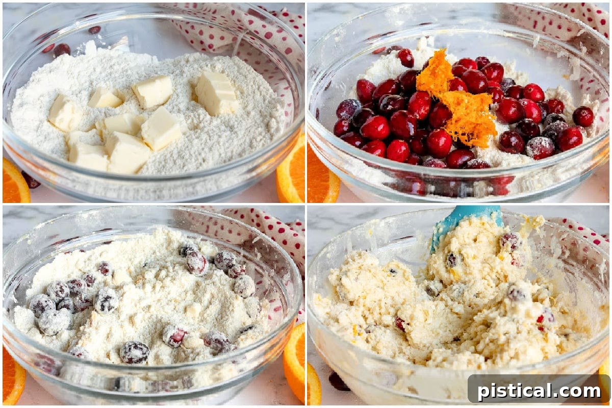 Collage showing steps for making cranberry orange scones: mixing dry ingredients, cutting butter, combining wet and dry, and shaping dough