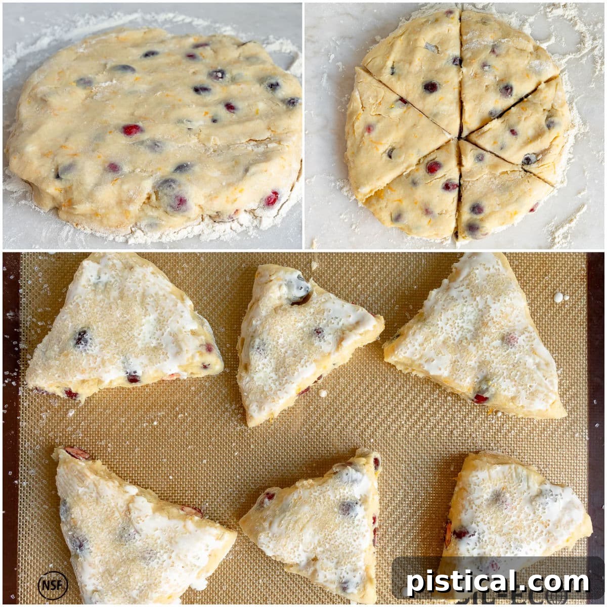 Collage showing scones being cut into wedges and placed on a baking sheet, brushed with cream and sprinkled with sugar