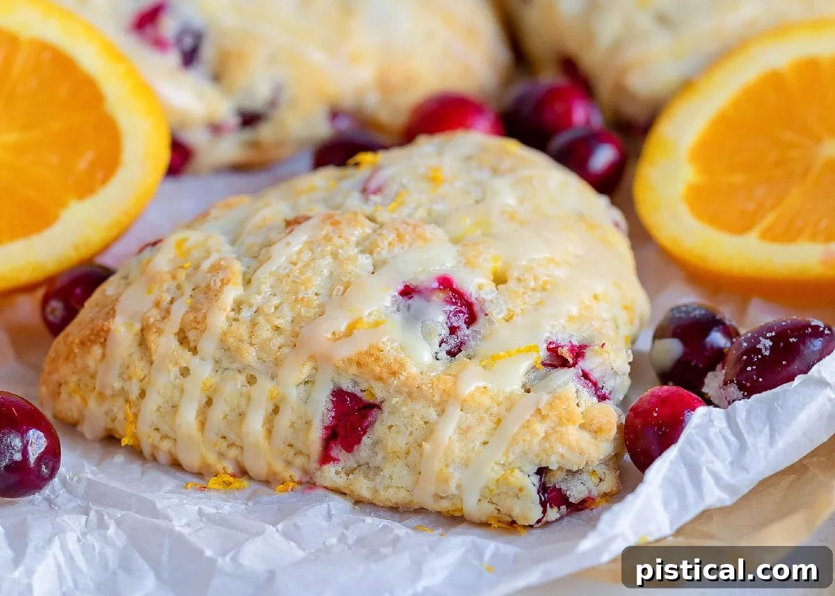 Glazed cranberry orange scones on parchment paper, with fresh orange slices and cranberries scattered in the background