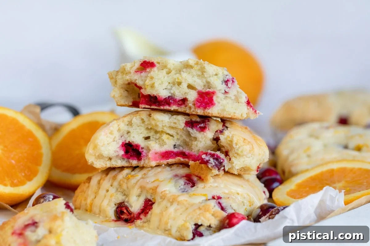 Cranberry orange scones, some split open, arranged on parchment paper with loose cranberries and orange slices