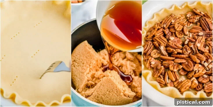 A three-image collage showing the process: pie crust being poked, maple pecan syrup being made in a saucepan, and pecans scattered on the pre-baked crust.
