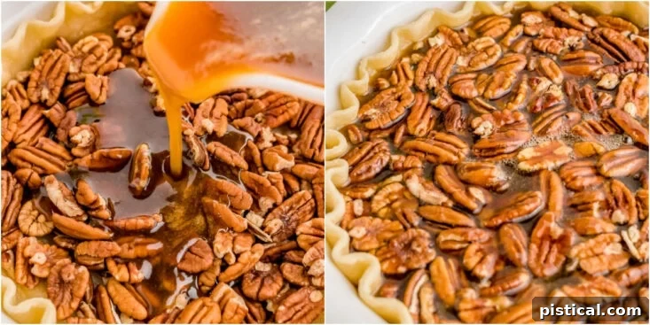 A two-image collage: one showing the gooey maple pecan filling being poured over pecans in a pie crust, and the other of the assembled pie ready for baking.