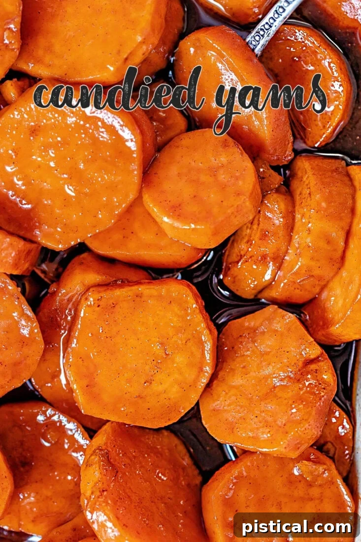 Close-up of golden candied yams in a baking dish, top-down view, with a title overlay