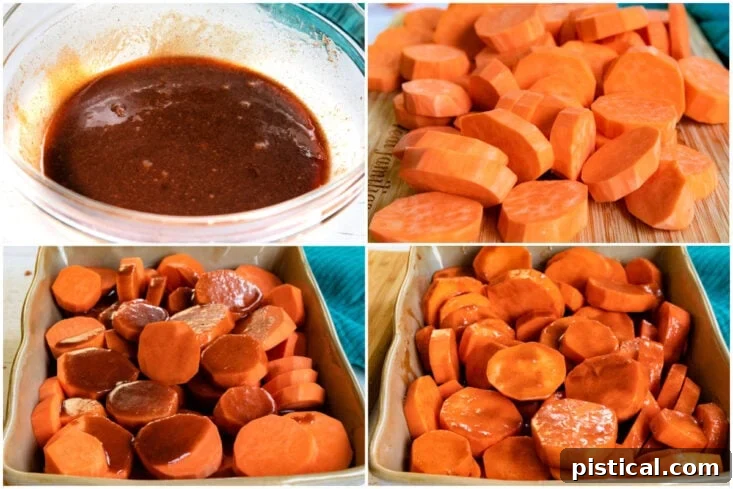 Sliced raw sweet potatoes coated in brown sugar glaze in a baking dish