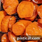 Close-up of candied yams in baking dish top down view