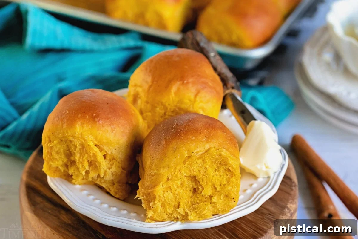 A trio of delicious pumpkin dinner rolls served on a white plate, accompanied by a vibrant teal napkin and a small pat of butter, highlighting their inviting warmth.