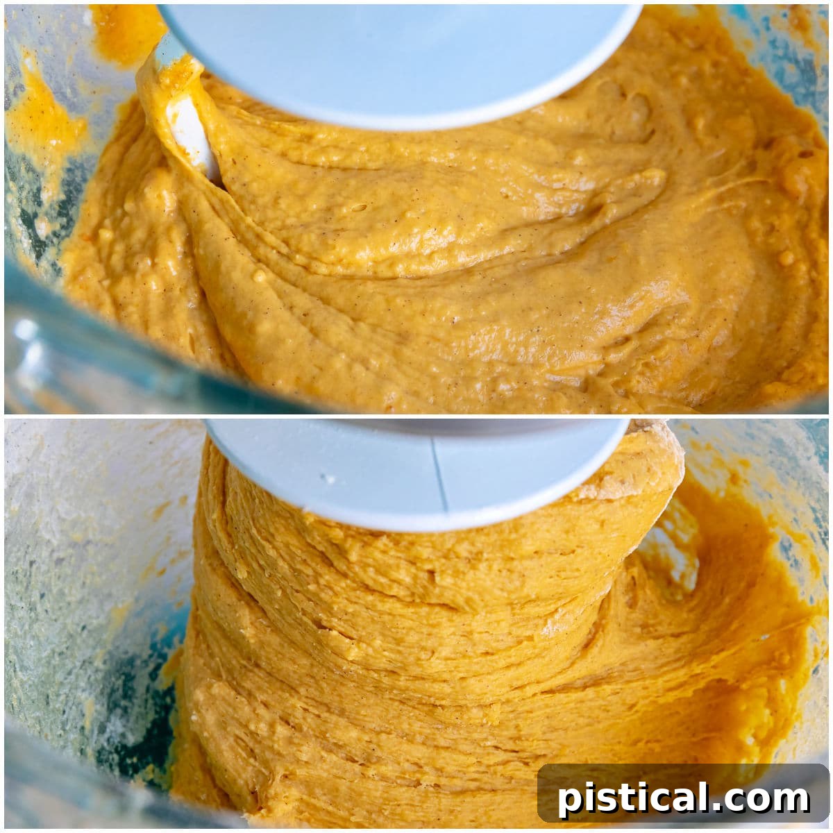 A two-panel image showing the pumpkin dinner roll dough in a stand mixer, first as a shaggy mixture, then coming together into a cohesive ball, demonstrating the mixing process.