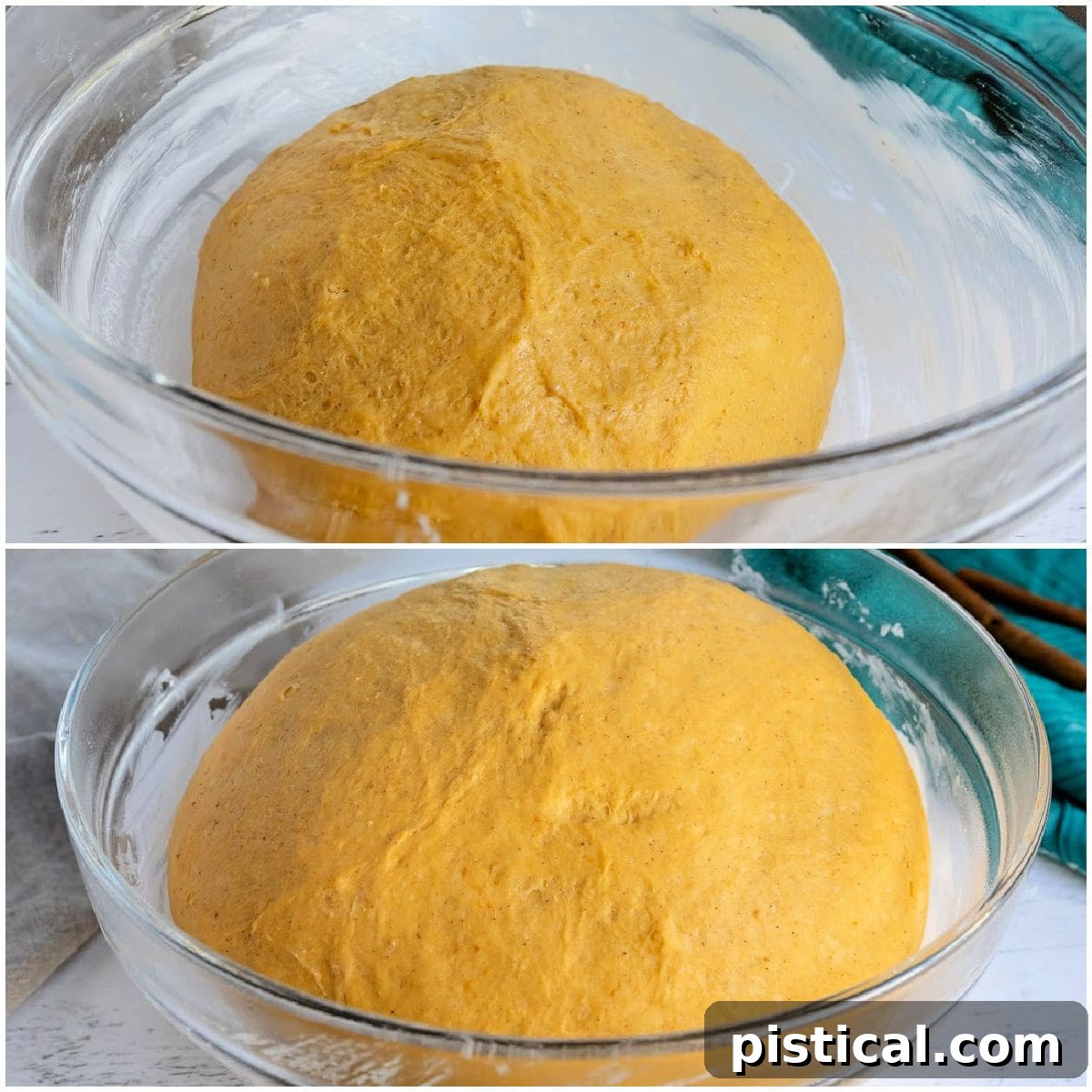 A two-panel image illustrating the dough rising process, showing the pumpkin dinner roll dough in a clear bowl before and after it has doubled in size.