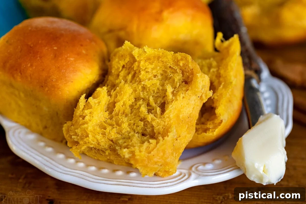 A single pumpkin dinner roll split in half, revealing its soft, airy interior, artfully placed on a white plate.