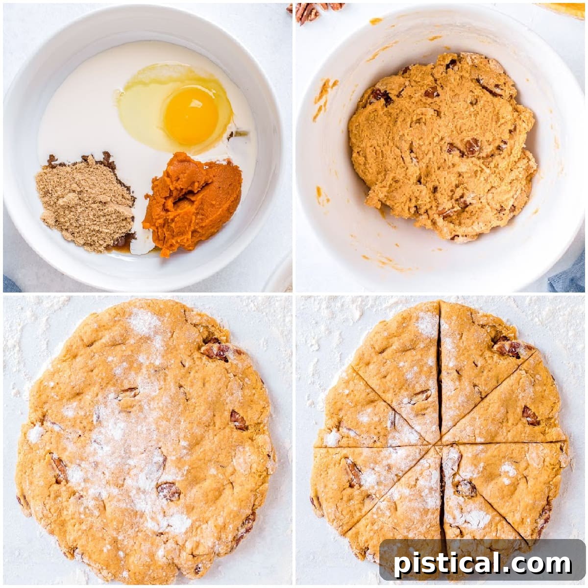 Autumn Spiced Pumpkin Scones with Maple Drizzle 6 4 image collage showing steps for making pumpkin scones, including combining ingredients, kneading, and cutting dough