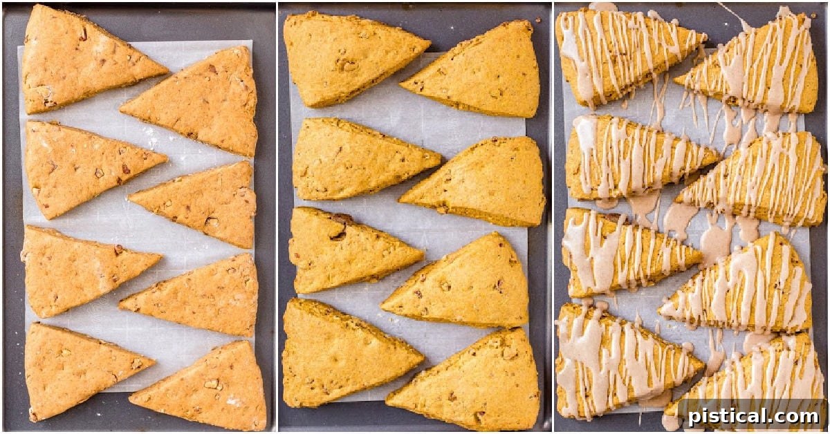 Autumn Spiced Pumpkin Scones with Maple Drizzle 7 three image collage showing raw scone dough, baked scones, and finally glazed pumpkin scones