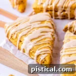 pumpkin scones sitting on white parchment on a wood cutting board with a maple cinnamon glaze