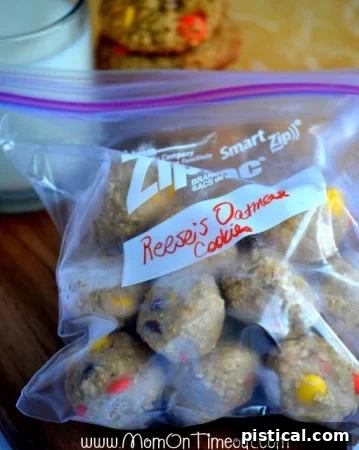 Flash-frozen Reese's Oatmeal cookie dough balls safely stored in a ziploc bag, ready for future baking.
