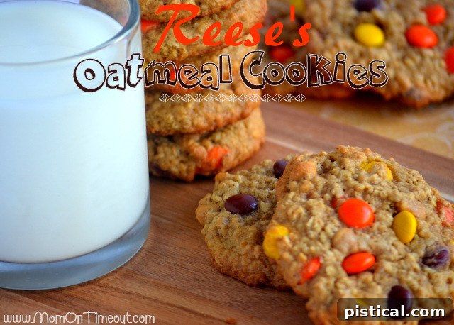 Tray of golden brown Reese's Oatmeal Cookies, perfectly baked and ready to be enjoyed.