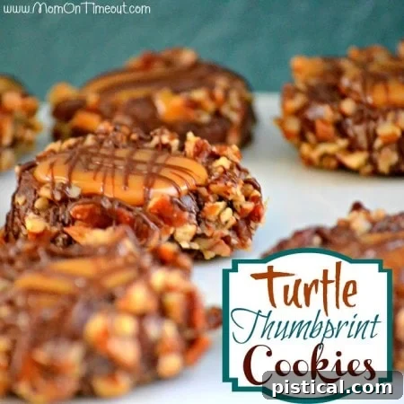 Turtle Thumbprint Cookies recipe, a delicious treat with chocolate, caramel, and pecans.