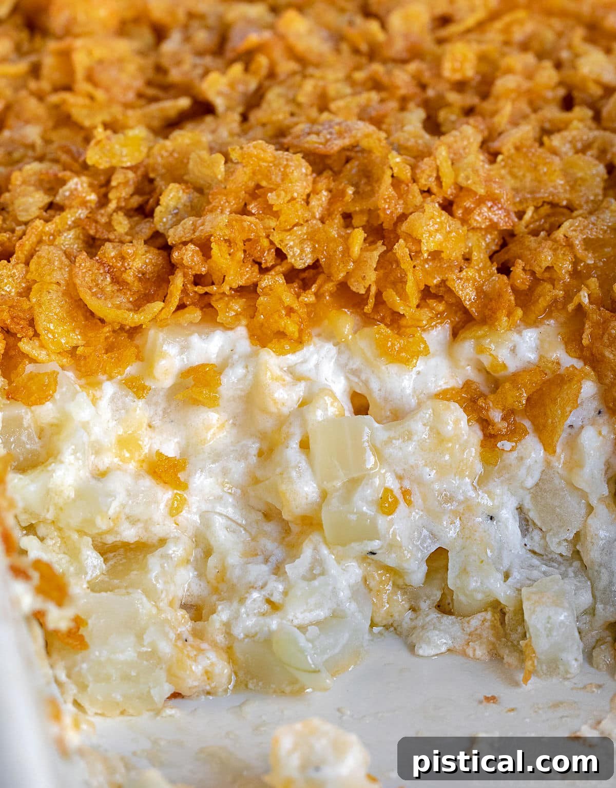 Homestyle Cheesy Potato Casserole 3 A close-up view of golden-brown cheesy potatoes in a casserole dish, showcasing the creamy texture and crunchy topping, ready to be served.