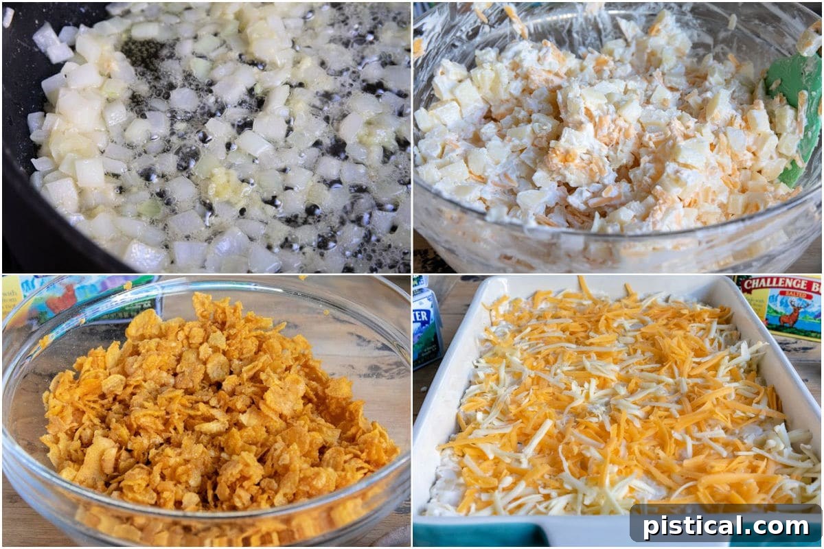 Homestyle Cheesy Potato Casserole 6 A four-image collage demonstrating the step-by-step process of preparing and assembling funeral potatoes, from mixing ingredients to layering in the casserole dish.
