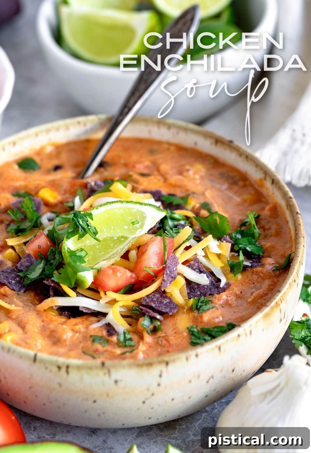 chicken enchilada soup in pottery bowl with spoon and garnished with cilantro lime tomatoes cheese and title overlay at top