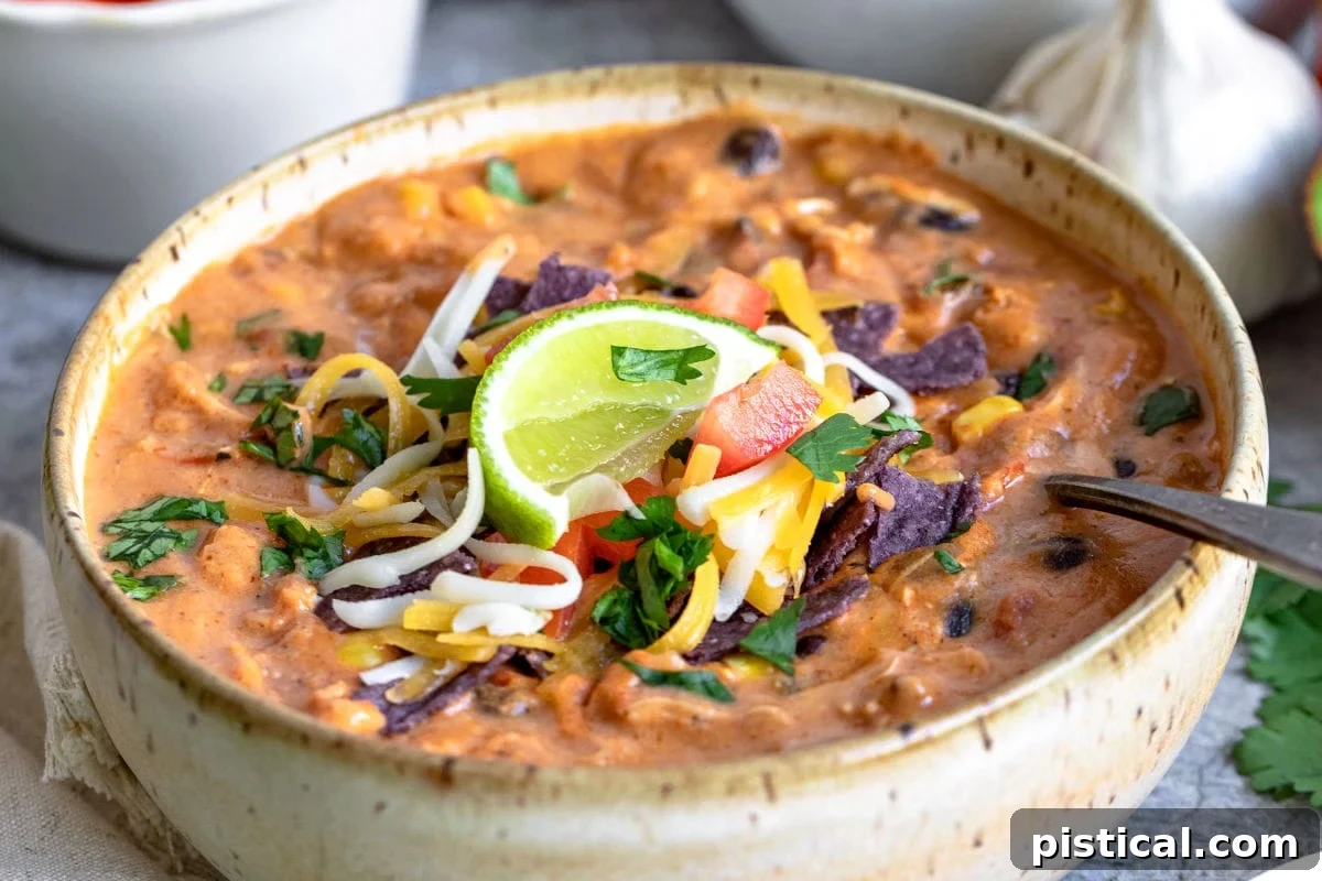close up chicken enchilada soup in bowl with toppings and lime wedge