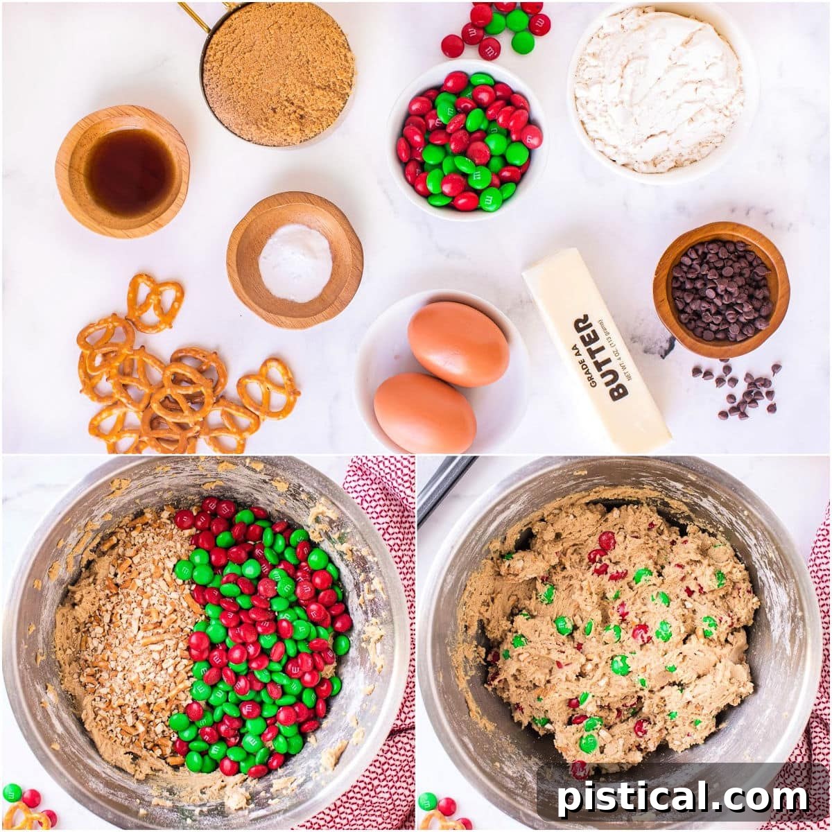 A three-image collage showing ingredients for reindeer pretzel cookie bars laid out, followed by two images depicting dough being mixed in a bowl.