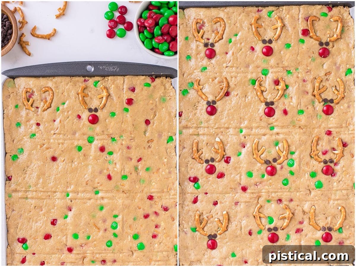 A two-image collage illustrating the process of making reindeer faces on top of the cookie bars while still in the sheet pan.