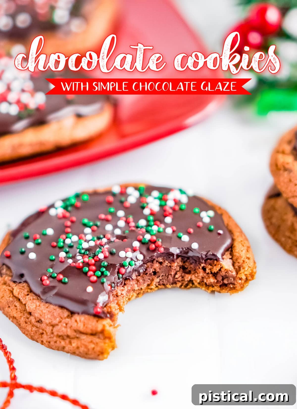 Decadent chocolate cookie with rich chocolate glaze and festive Christmas sprinkles, ready to be enjoyed