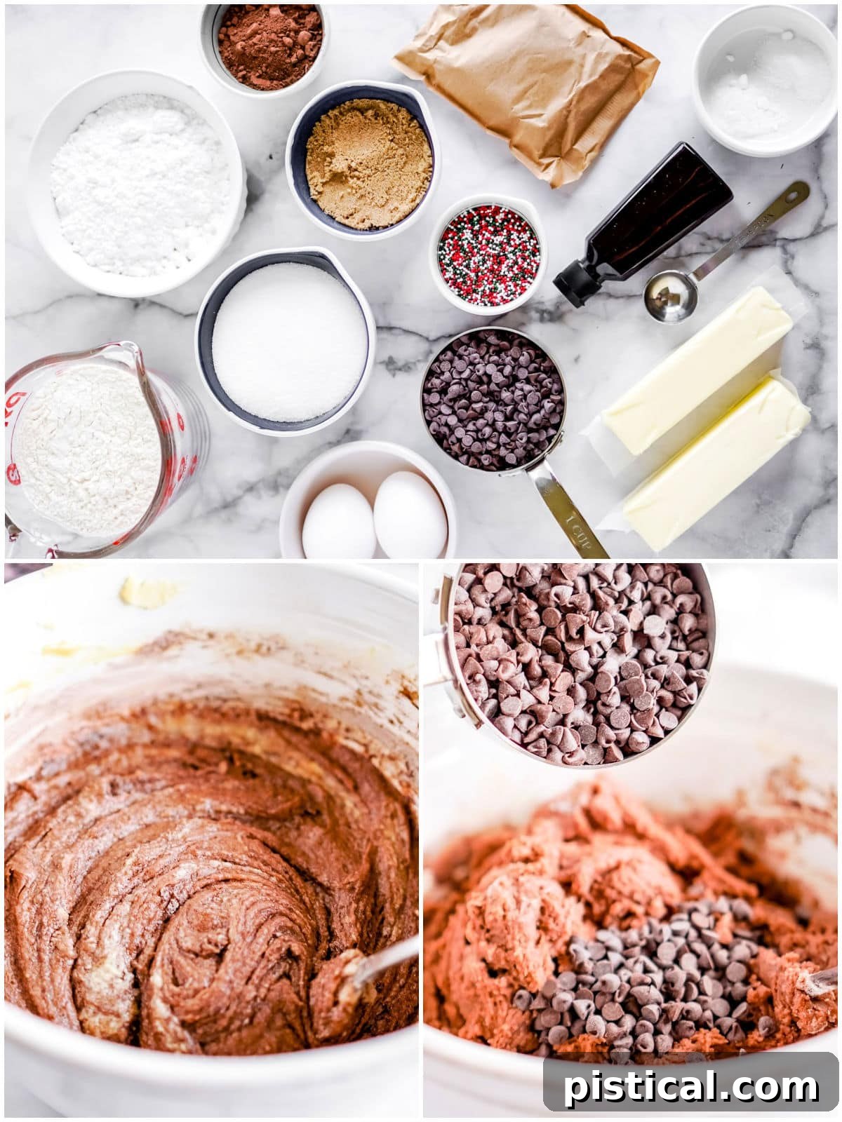A three-image collage showing cookie ingredients laid out, butter and sugar creaming, and cookie dough mixing in a bowl