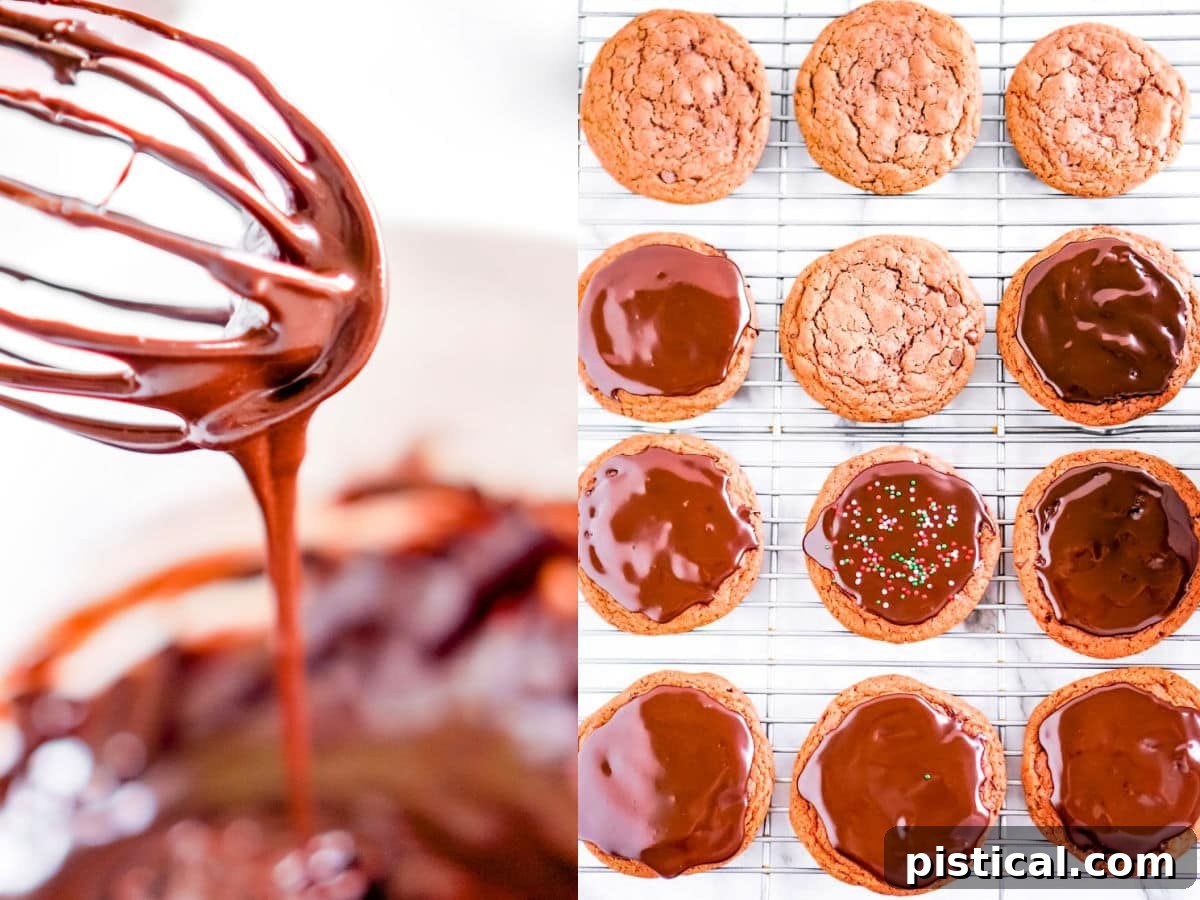 A two-image collage: one showing chocolate glaze dripping off a whisk, and the other a top-down view of chocolate cookies on a rack, with about half already glazed