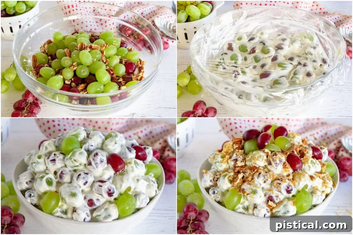 4 image collage showing how to make a grape salad