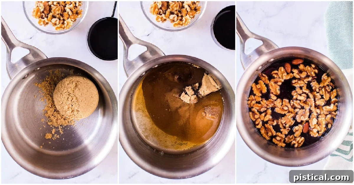 Sweet & Savory Walnut Shrimp Delight 6 A three-image collage visually demonstrating the process of making candied walnuts: boiling sugar water, adding walnuts, and cooling them on a plate.