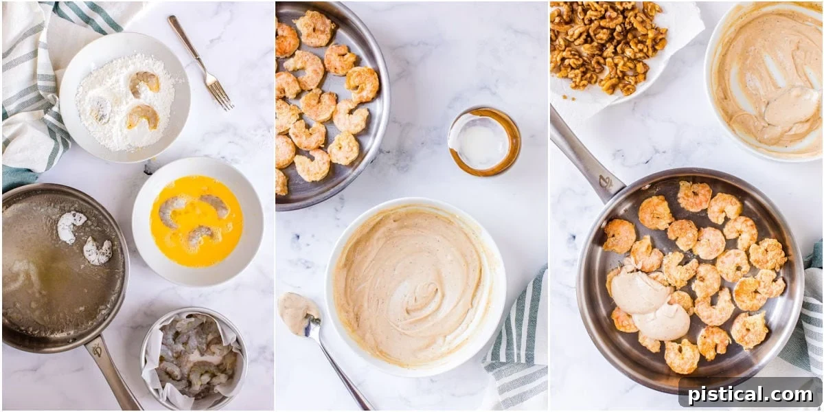 Sweet & Savory Walnut Shrimp Delight 7 A three-image collage depicting key steps of making Honey Walnut Shrimp: breading the shrimp, preparing the creamy sauce, and gently combining the shrimp with the sauce in a skillet.