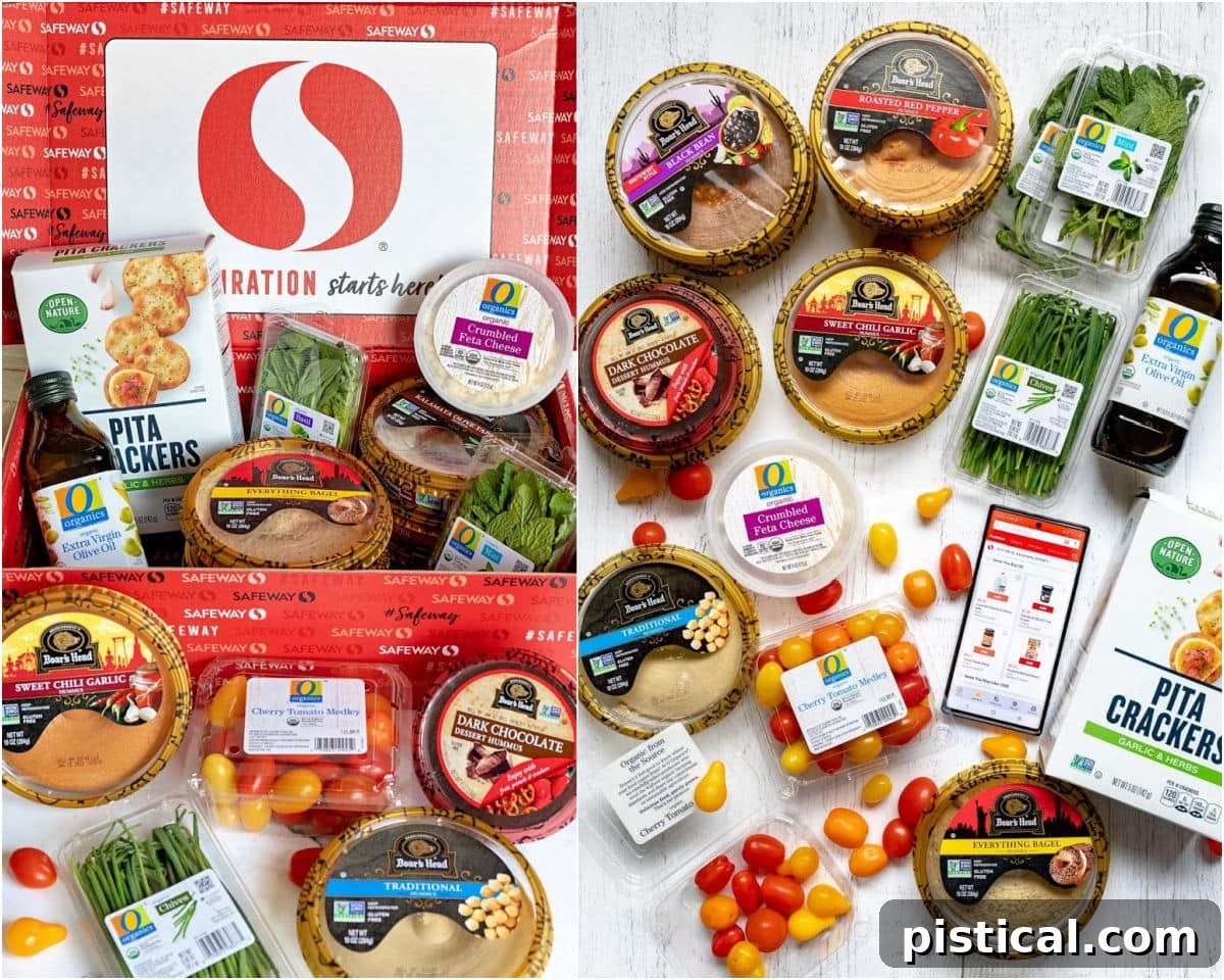A two-image collage showing a Safeway box filled with various Boar's Head hummus and fresh ingredients, alongside a flat lay of the same products beautifully arranged.