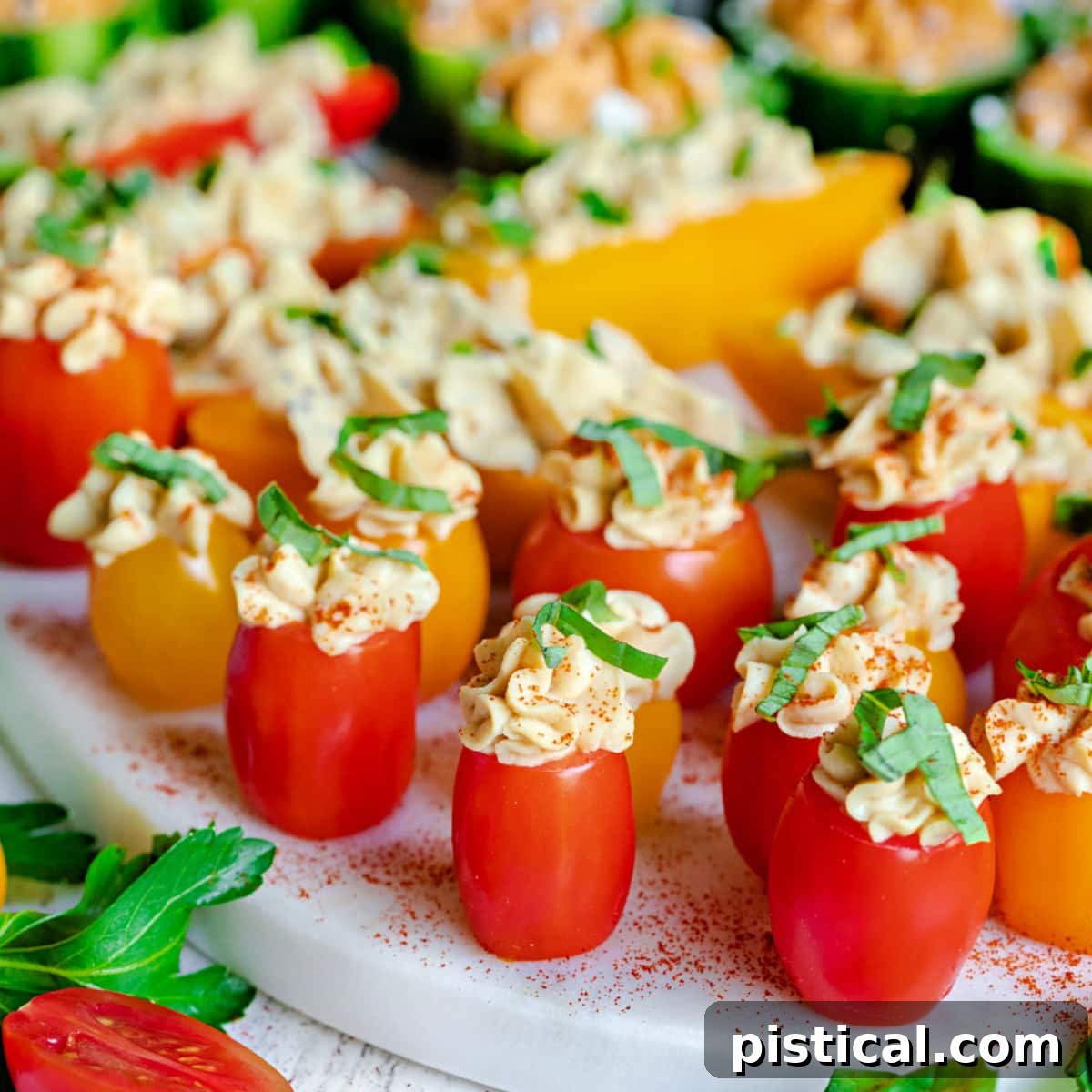 A close-up shot of individual hummus stuffed veggies, meticulously topped with vibrant fresh herbs, showcasing the intricate details and appetizing presentation.