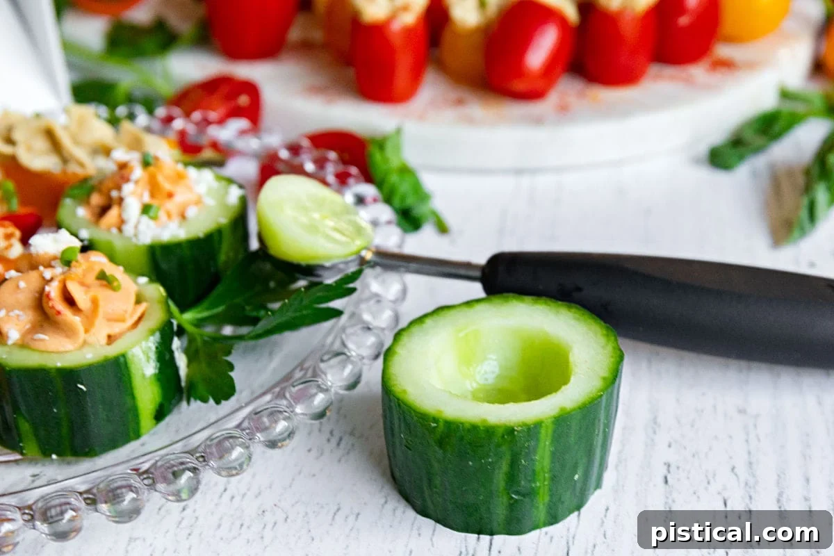 A close-up of a cucumber cup next to a melon baller, with a finished plate of hummus stuffed vegetables in the background, illustrating the preparation process.