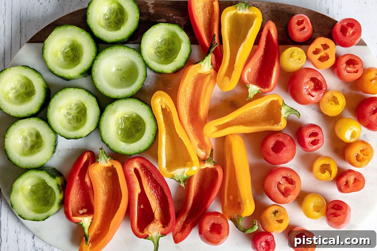 An overhead view of various vegetables meticulously prepped and ready for stuffing, including hollowed cucumbers, tomatoes, and halved mini peppers.