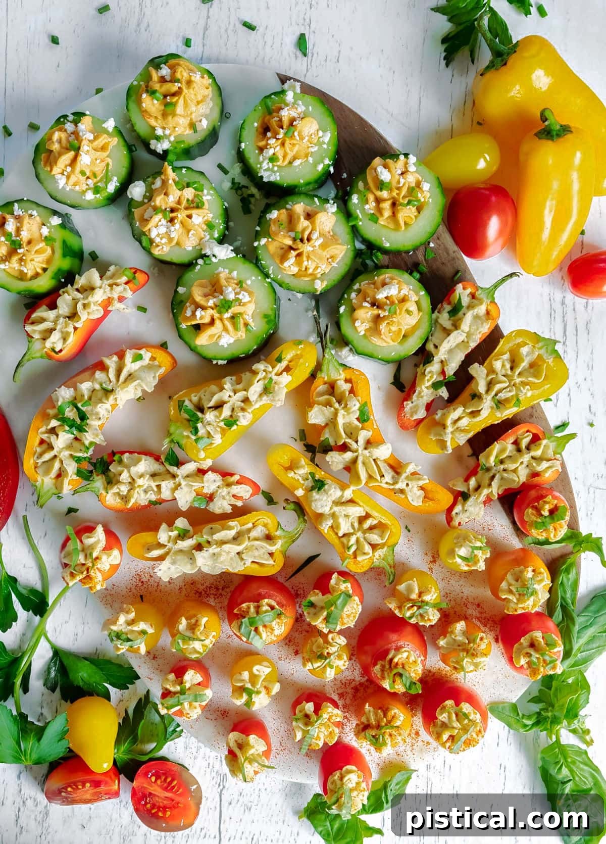 A top-down shot of a beautifully arranged platter of hummus stuffed veggies, each piece perfectly filled and garnished with an assortment of fresh herbs, ready to be served.